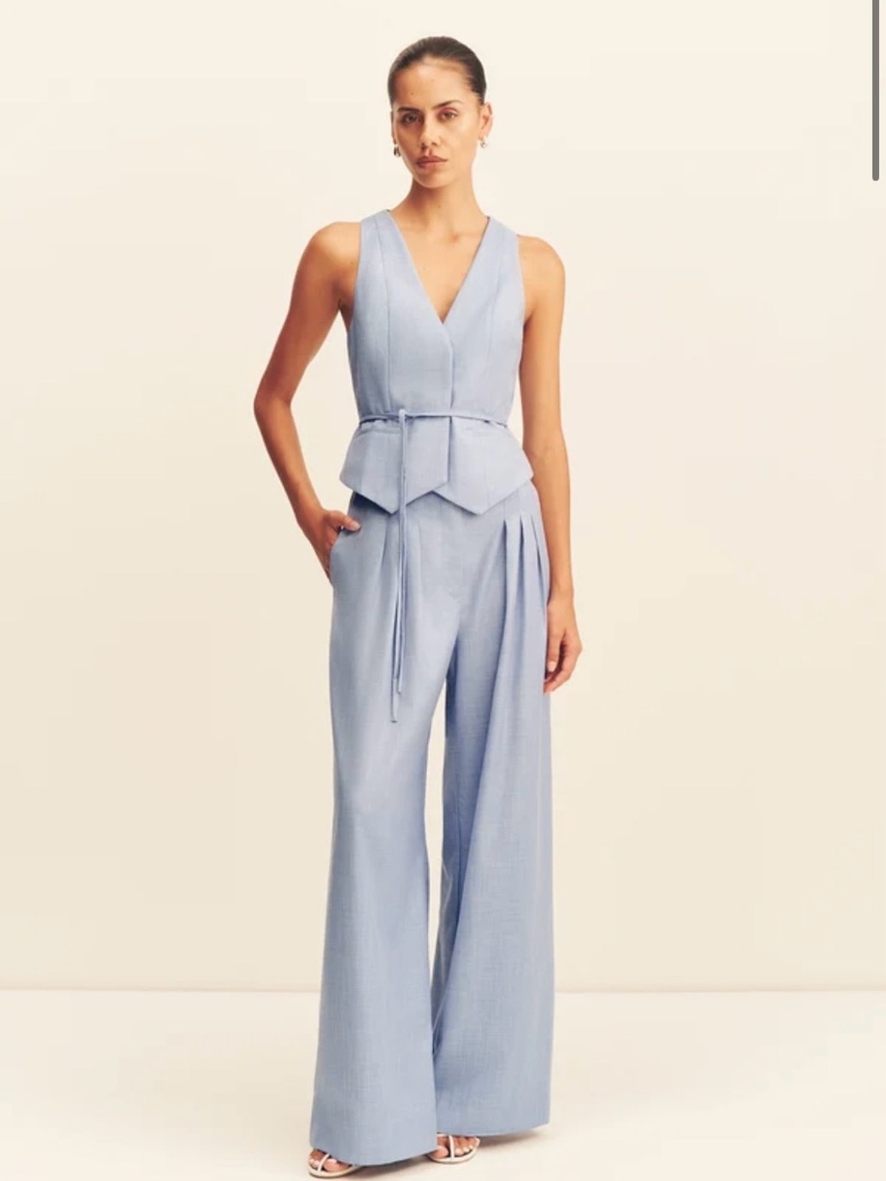 Shona Joy Powder Blue Sleeveless Wide-Leg Jumpsuit with Tie Waist